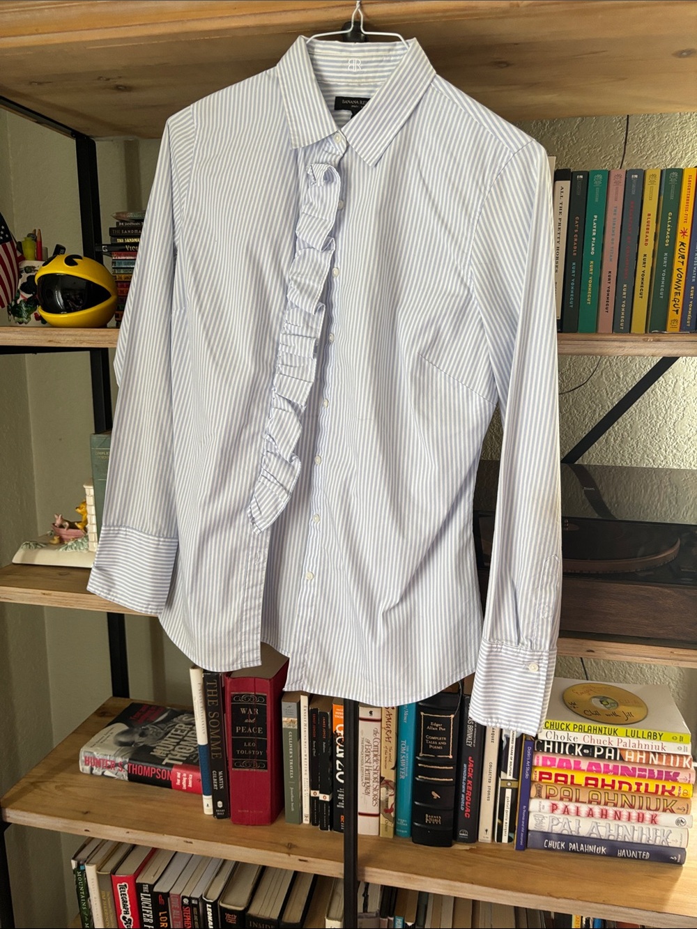 Banana Republic Light Blue and White Stripe Ruffle Button-Down Shirt